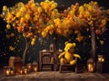 Winnie the Pooh with yellow balloons and lanterns on a dark background