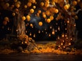 Winnie the Pooh with yellow balloons and lanterns on a dark background