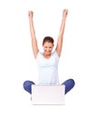 Winning, achievement and woman with a laptop in a studio in celebration for online sports bet success. Happy, celebrate Royalty Free Stock Photo