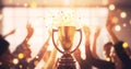 Winning Business Team Gold Trophy Blur Background Royalty Free Stock Photo