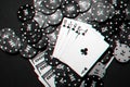 Winning combination of cards in casino poker. Royal flush, a bunch of chips and money dollars Royalty Free Stock Photo