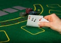 Winning combination in poker game. Cards and chips on a green cloth Royalty Free Stock Photo