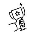 Winning cup in hand black line icon. Award bowl. Vector illustration. Royalty Free Stock Photo