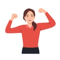 Winning gesture of happy confident woman expressing positive emotion. Successful smiling female character showing strength with