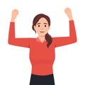 Winning gesture of happy confident woman expressing positive emotion. Successful smiling female character showing strength with