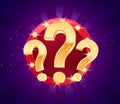 Winning gifts in lottery. Grand drawing. Mystery gift question marks on retro illuminated board vector illustration