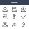 9 winning icons pack. trendy winning icons on white background. thin outline line icons such as award, trumpet, race . winning