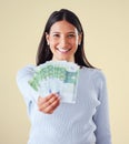 Winning money and financial success of happy woman saving cash for a banking budget. Portrait of an investing female Royalty Free Stock Photo