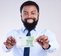 Winning money, portrait or black man happy for lotto award, studio competition prize or cash dollar bills. Bank loan