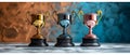 Winning podium with gold silver and bronze trophies for champions in sports. Concept Sports, Royalty Free Stock Photo