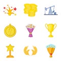 Winning success icons set, cartoon style