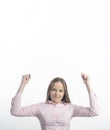 Winning success woman happy ecstatic celebrating being a winner. Dynamic energetic image of Caucasian female model isolated on Royalty Free Stock Photo