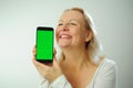 Chroma Key Phone green screen space for advertising Hurray Victory has found Fabulous Photo of a woman in a white T