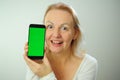 Chroma Key Phone green screen space for advertising Hurray Victory has found Fabulous Photo of a woman in a white T