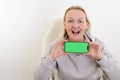 Chroma Key Phone green screen space for advertising Hurray Victory has found Fabulous Photo of a woman in a white T