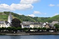 Winningen, Germany - 06 25 2020: Winningen waterfront at the Mosel with village name on the wall