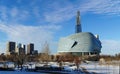 Winnipeg downtown cityscape. Winter view on Canadian Museum for Human Rights seen from The Forks park. Winnipeg Royalty Free Stock Photo