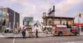 Winnipeg, Manitoba, Canada - 11 16 2014: Fire fighters truck with Christmas decorated platform of Knights of Columbus Royalty Free Stock Photo