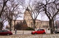 Winnipeg, Manitoba, Canada - 11 16 2014: Winter view of Manitoba Legislative building with cars on Broadway Avenue. This