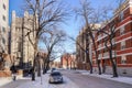 Winnipeg, Manitoba, Canada - 11 18 2014: Winter view on Qu'Appelle Avenue with Knox United Church on the left. Knox