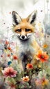 Winsome Baby Fox in a Colorful Flower Field. Ideal for Art Prints and Greeting Cards.