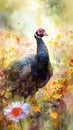 Winsome Turkey Poult in a Colorful Flower Field for Art Prints and Greetings.