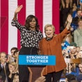 WINSTON-SALEM, NC - OCTOBER 27 , 2016: Democratic presidential candidate Hillary Clinton and US First Lady Michelle Obama appear a Royalty Free Stock Photo