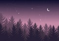 Winter night pine forest with sky with stars and moon. christmas theme. new year weather. background