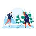 Winter christmas fun skiing hockey outdoor people. hockey in winter, ice skating, playing outdoors, active season