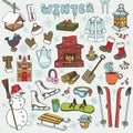 Winteer doodle icons,elements.Colored set