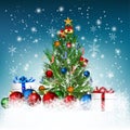 Christmas tree ornaments and gift boxes with snow flexes on winter background