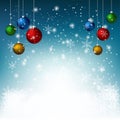 Christmas tree ornaments and gift boxes with snow flexes on winter background