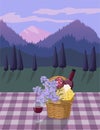 Hand drawn vector illustration of a picnic wicker basket and a glass of wine Royalty Free Stock Photo