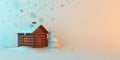 Winter abstract background design creative concept, cartoon wooden house, snow, pine, spruce, fir tree on blue pastel background.