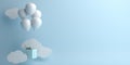Winter abstract background, Design creative concept, flying balloon, gift box, cloud on blue pastel. Copy space text.