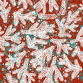 Winter abstract seamless pattern of white Christmas tree branches and snowflakes on red and green background Royalty Free Stock Photo