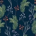 Winter abstract watercolour seamless pattern with fir branches berries red and blue. Botanical collection of herbs. Hand