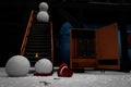 Winter accident: Snowman is pushed or falls down the stairs and gets damaged and detached.