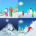 Winter active holidays concept. Family healthy lifestyle Mountain skiers and playing children. elements. Winter