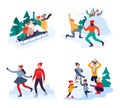Winter activities. Happy family members having fun outdoor. People riding sledge, making snowman, skating Royalty Free Stock Photo