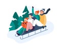 Winter activities. Happy family riding sledge down hill near fir trees. Parents with kids riding sledding slide Royalty Free Stock Photo
