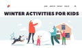 Winter Activities for Kids Landing Page Template. Happy Family Parents with Kids Making Snowman. Winter Time Game
