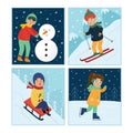 Winter activities set with cute kids making snowman, skiing, sliding on a sled and ice skating