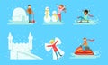 Winter Activities Set, People Building Icy Igloo and Castle, Making Snowman, Riding Snow Scooter, Sledding Vector