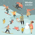 Winter activities set with people skiing, skating, snowboarding and children making snowmen and playing snowballs. Royalty Free Stock Photo