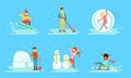 Winter Activities Set, People Snowboarding, Playing Hockey, Building Icy Igloo, Making Snowman, Sledding Vector