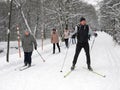 Skiers in the park, senior woman, group of people