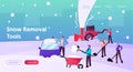 Winter Activity Landing Page Template. Happy Characters Shoveling, Removing Snow from Street Using Shovels or Snowblower