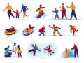 Winter activity outdoor set, vector illustration, people flat man woman character skiing, skating, ride snowboard at Royalty Free Stock Photo