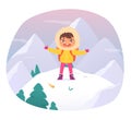 Winter adventure of kid vector illustration. Cartoon childr standing on top of mountain, cute hiker girl enjoying winter